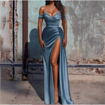 Woochic robe cocktail col en V à diamants bustier fendue traîne,soirée bleu S